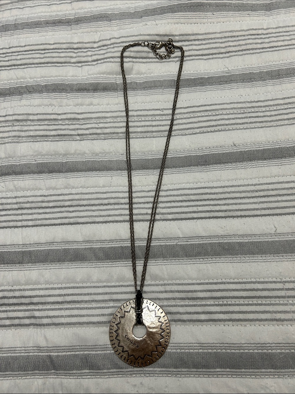 Chico's Silver-Tone Etched Round Pendant Necklace